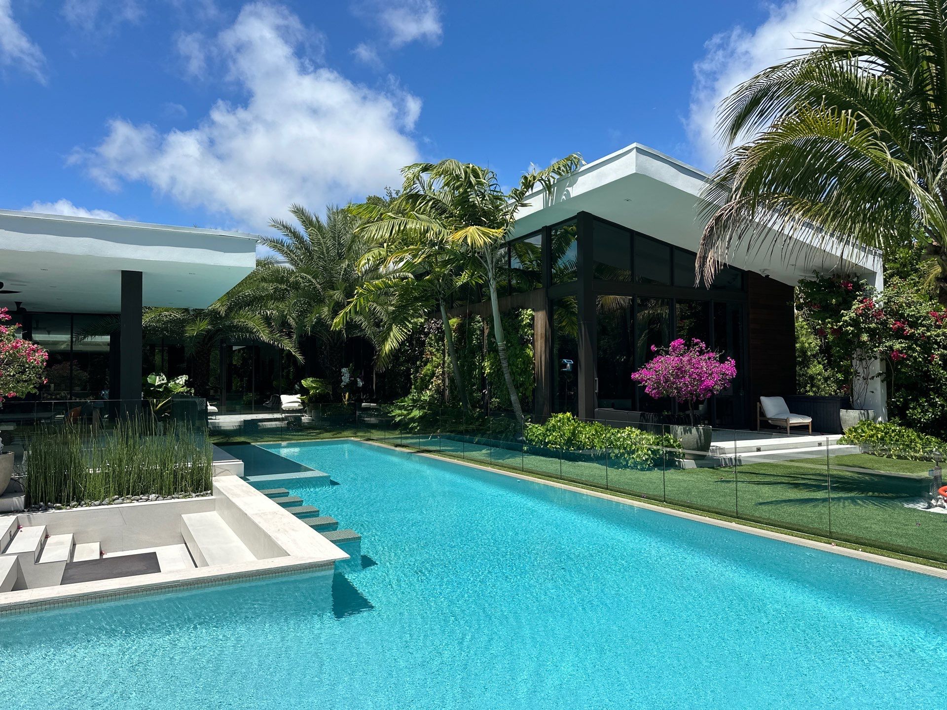 Landscape design surrounding a contemporary South Florida pool