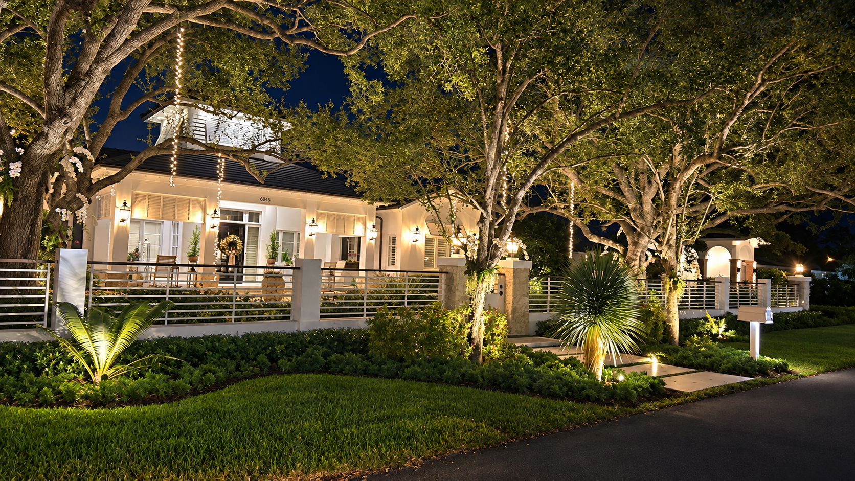 Professional landscape lighting illuminating a South Florida residence and garden