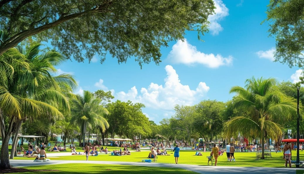 A vibrant green park with people enjoying various 