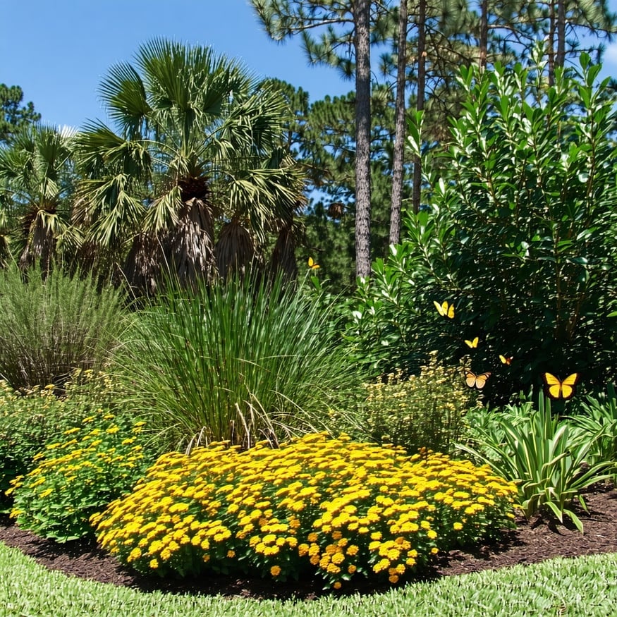 The image depicts a vibrant South Florida garden filled with a diverse array of native plants In the foreground clusters of bright yellow Tickseed wildflowers are in full bloom attracting butterflies and bees Nearby the ground is covered with lush Go-1