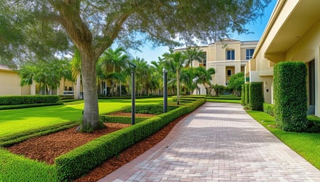 The image features a South Florida commercial property beautifully landscaped