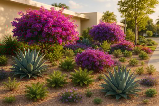 Visualize a vibrant commercial landscape in South Florida showcasing a harmonious arrangement of droughttolerant plants such as coontie vivid bougainv-1
