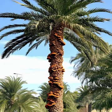 canary date palm about 20 feet tall showing a few ganoderma on its trunk