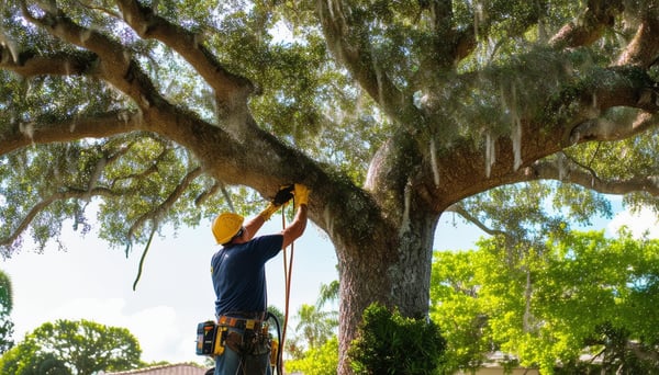 A professional arborist carefully pruning a large 