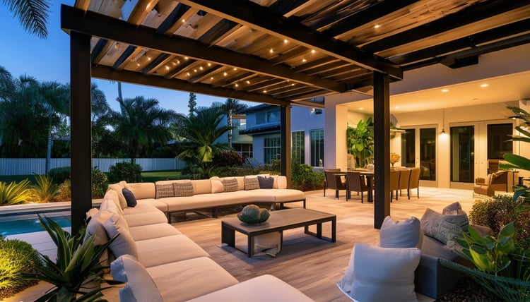 A stunning custom outdoor living area featuring a
