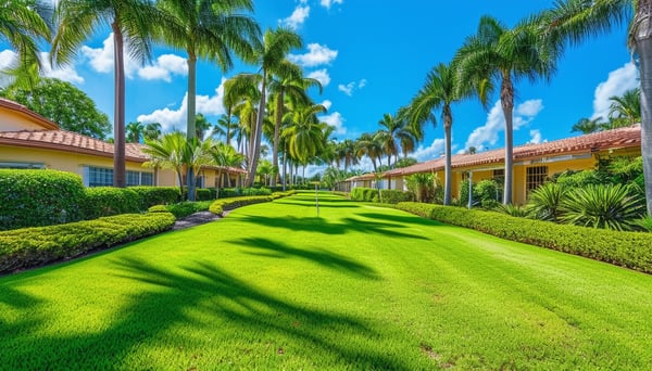 A vibrant, well-maintained landscape with palm tre