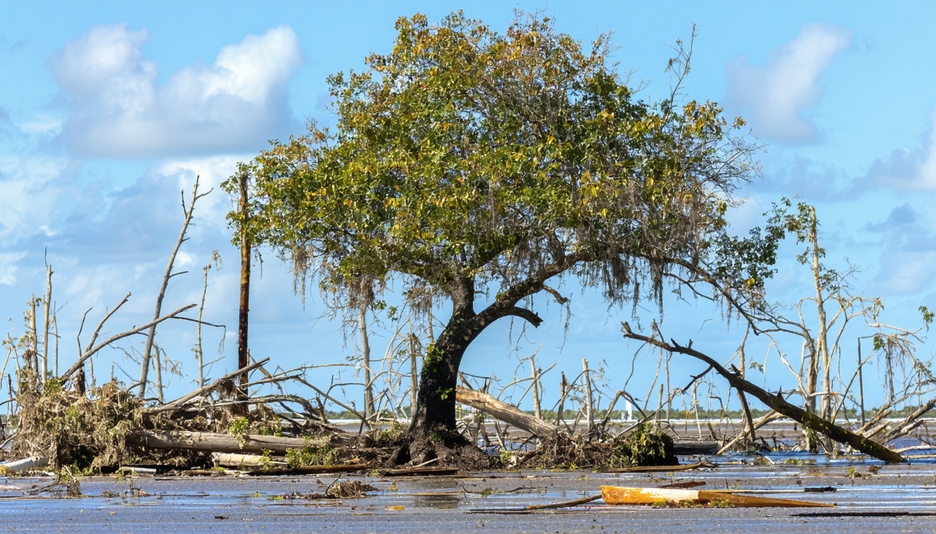 A resilient tree standing tall amidst the aftermat