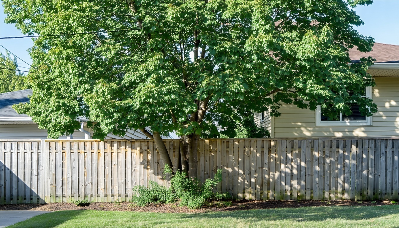 A tree with branches extending over a fence into a