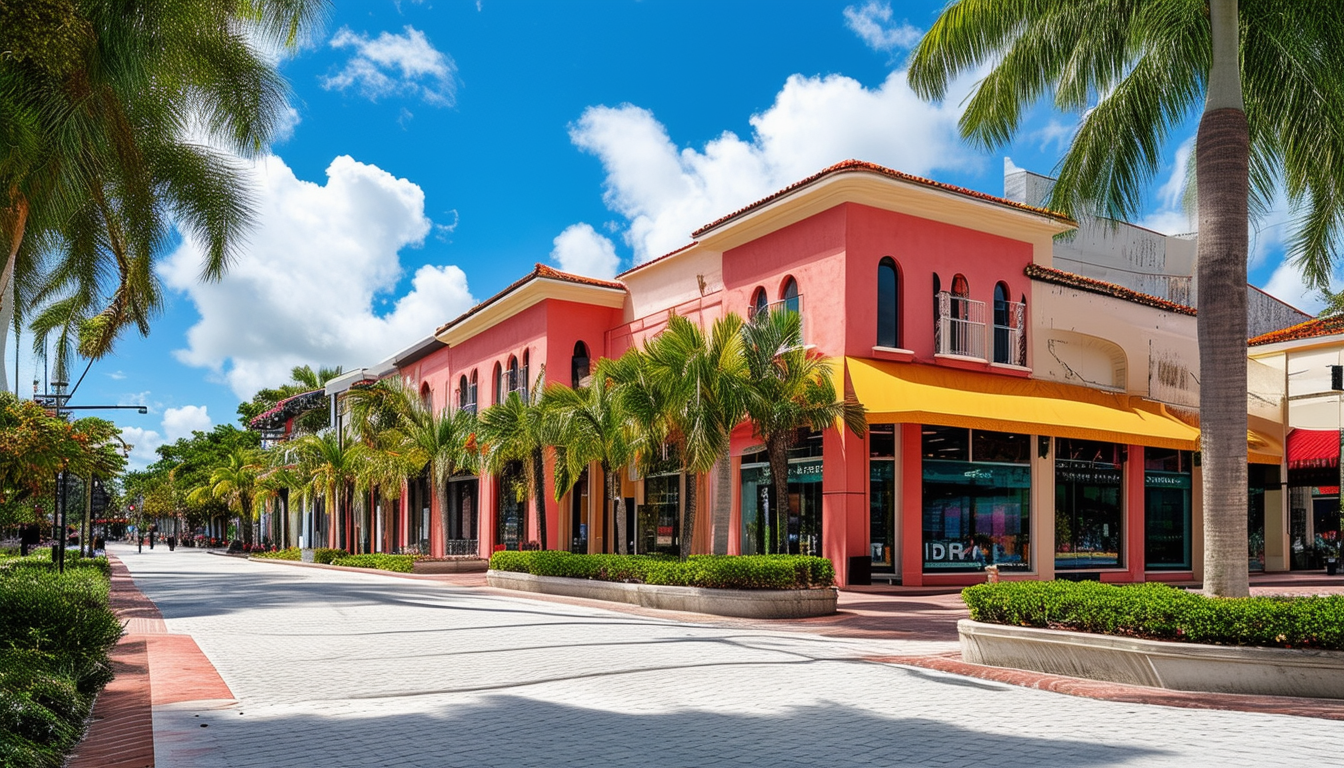 A vibrant commercial district in Coral Gables, sho